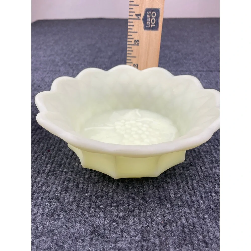 Vintage Uranium Custard Glass Scalloped Bowl Grape Pattern UV Glow 4.5 Inch